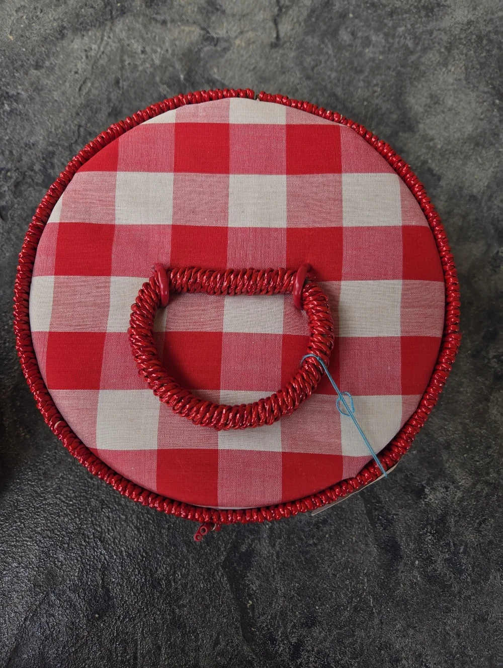 Vintage JCPenney Red and White Woven Sewing Basket with Gingham Lid